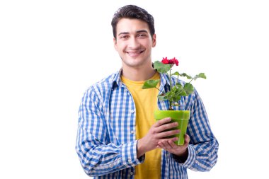 Çiçek saksısı olan genç adam beyaz tencereye izole edilmiş.