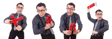 Dinamiti olan bir iş adamı beyazda izole edilmiş.