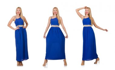 Uzun mavi elbiseli güzel kadın, beyaz tenli.