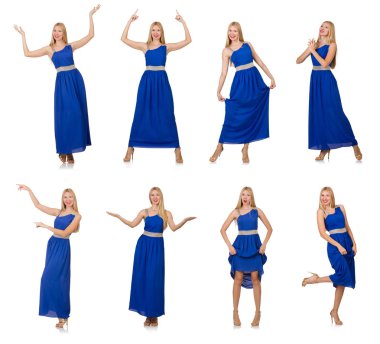 Uzun mavi elbiseli güzel kadın, beyaz tenli.