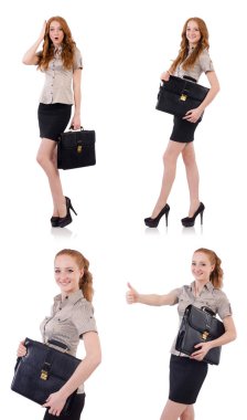 Genç ve güzel çalışan beyaz izole evrak çantası ile