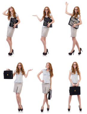 Genç ve güzel çalışan beyaz izole evrak çantası ile