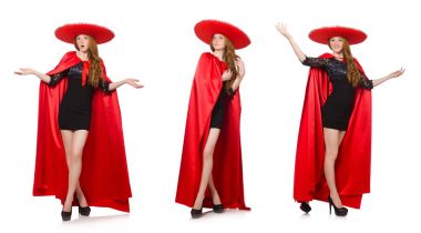 Kırmızı elbiseli Meksikalı kadın beyaz üzerine