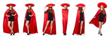 Kırmızı elbiseli Meksikalı kadın beyaz üzerine