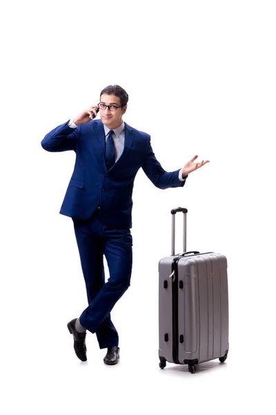 Jonge zakenman met koffer geïsoleerd op witte achtergrond — Stockfoto