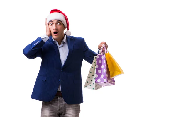 Jeune homme avec des sacs après Noël shopping sur fond blanc — Photo