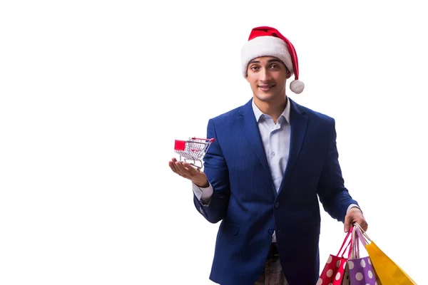 Ung man med väskor efter jul shopping på vit bakgrund — Stockfoto