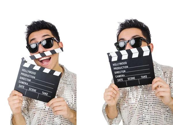 Homem com filme clapperboard isolado em branco — Fotografia de Stock