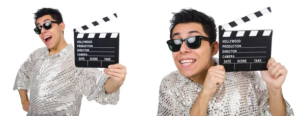 Man dengan film clapperboard terisolasi pada putih — Stok Foto