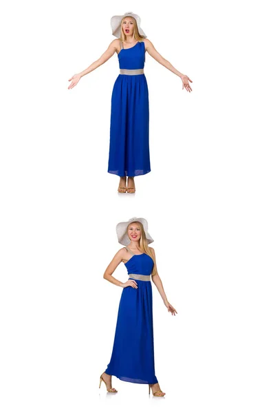 Bella donna in abito lungo blu isolato su bianco — Foto Stock
