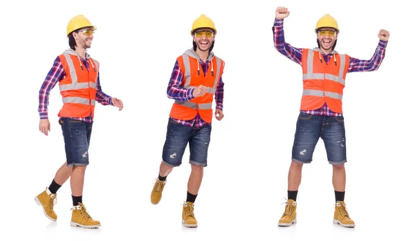 Caminhada jovem trabalhador da construção isolado em branco — Fotografia de Stock