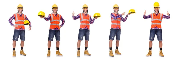 Joven trabajador de la construcción en casco y calzoncillos aislados en blanco — Foto de Stock