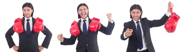 Empresario con guantes de boxeo en blanco —  Fotos de Stock