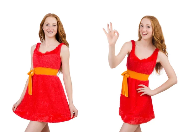 Pretty young girl in red dress isolated on white — Stock Photo, Image