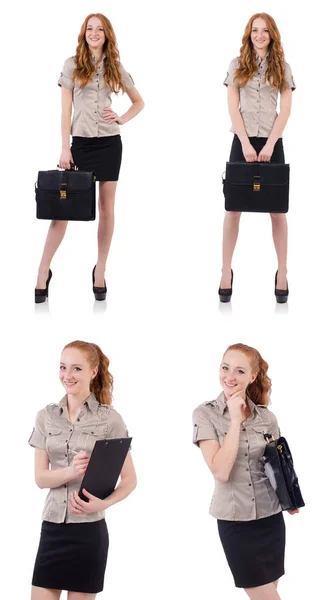 Pretty young employee with briefcase isolated on white — Stock Photo, Image