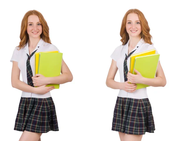 Joven estudiante hembra con libros de texto aislados en blanco — Foto de Stock