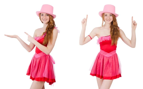 Pretty young wizard in mini pink dress isolated on white — Stock Photo, Image