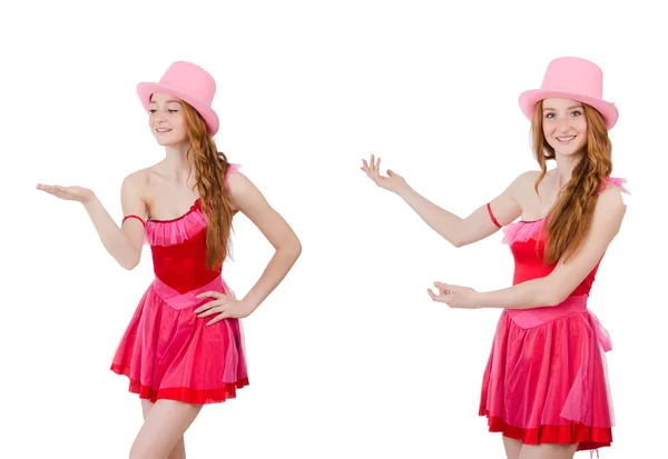 Досить молодий чарівник в міні-рожевій сукні ізольовані на білому — стокове фото
