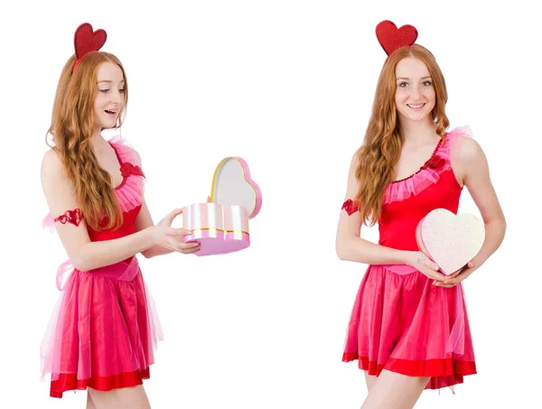 Pretty young model in mini pink dress holding gift box isolated — Stock Photo, Image