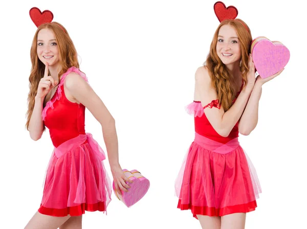 Mooie jonge model in roze mini jurk houden geïsoleerd van de doos van de gift — Stockfoto