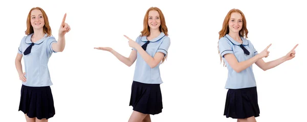 Młody student Kobieta wskazując na białym tle na biały — Zdjęcie stockowe