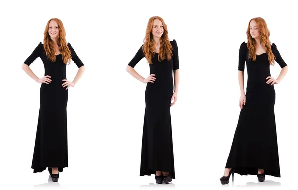 Redhead in zwarte jurk geïsoleerd op wit — Stockfoto