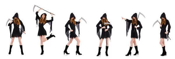 Young witch with scythe isolated on white — Stock Photo, Image