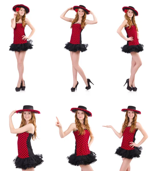 Junge rothaarige Mädchen in gepunktetem Kleid und Sombrero isoliert auf — Stockfoto