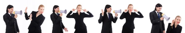 Geschäftsfrau und Geschäftsfrau mit Megafon isoliert auf weiß — Stockfoto