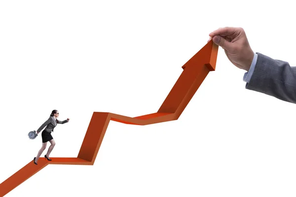 Businesswoman climbing line chart in economic recovery concept — Stock Photo, Image