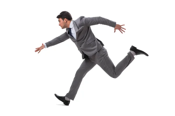 Young businessman running forward isolated on white — Stock Photo, Image