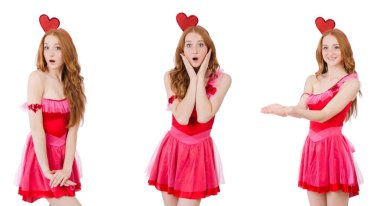 Mini pembe elbiseli, beyaz tenli güzel bir manken.