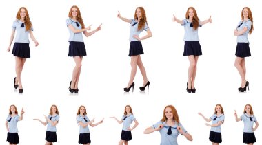 Genç yaramaz öğrenci üzerinde beyaz izole sanal düğmesine basarak