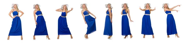 Hermosa mujer en vestido azul largo aislado en blanco — Foto de Stock