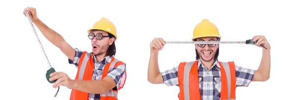 Komik inşaat işçisi ile teyp-line beyaz izole — Stok fotoğraf