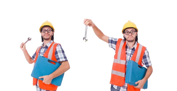 Engraçado jovem trabalhador da construção com caixa de ferramentas e chave isolada — Fotografia de Stock