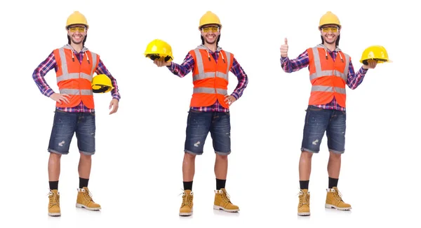 Mladá stavební dělník v helmě a kalhotky isolted na bílém — Stock fotografie