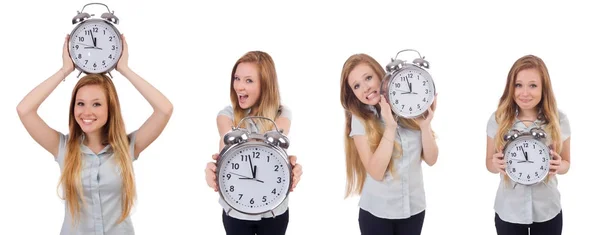 Young woman with clock on white — Stock Photo, Image