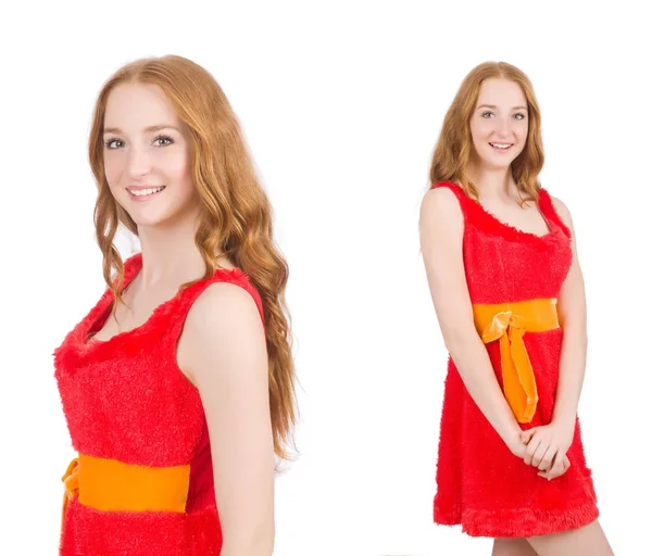 Young beautiful girl in red dress thunms up isolated on white — Stock Photo, Image