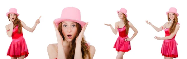 Hezká mladá průvodce v růžové mini šaty izolovaných na bílém — Stock fotografie