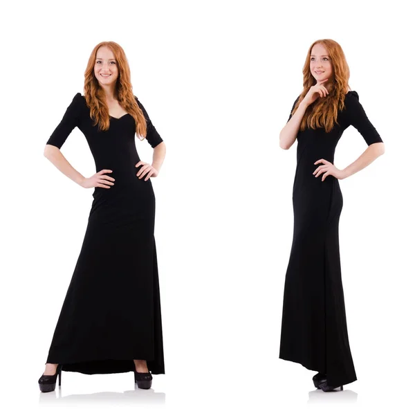 Redhead in black dress isolated on white — Stock Photo, Image