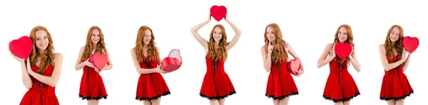 Chica joven en vestido rojo con ataúd corazón aislado en blanco — Foto de Stock