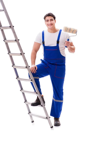 Jovem pintor homem com escada isolada no fundo branco — Fotografia de Stock