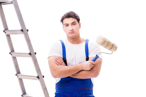 Jovem pintor homem com escada isolada no fundo branco — Fotografia de Stock