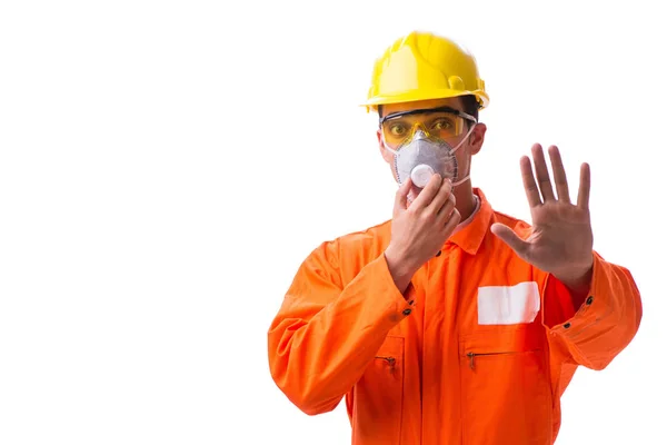 Obrero de la construcción con máscara protectora aislada en blanco —  Fotos de Stock
