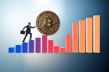 İşadamı, kripto para zinciri konseptinde bitcoin basıyor