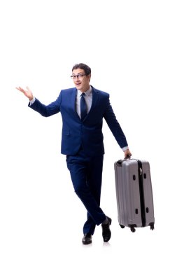 Beyaz arka planda bavulu olan genç bir işadamı.