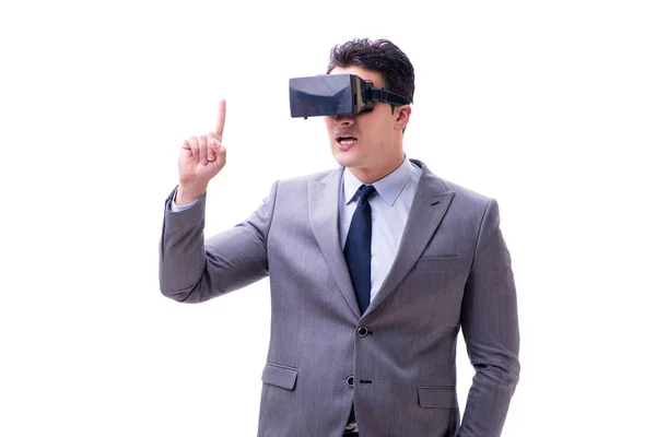 Επιχειρηματίας φορώντας γυαλιά εικονικής πραγματικότητας VR απομονώνονται σε λευκό — Φωτογραφία Αρχείου