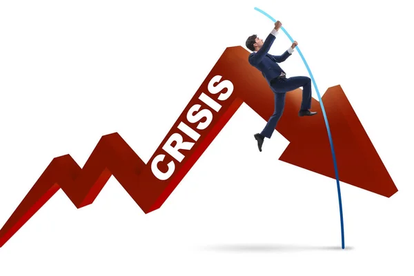 Businessman pole vaulting over crisis in business concept — Stock Photo, Image