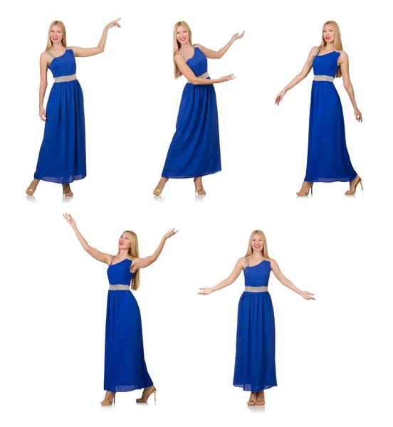 Vacker kvinna i lång blå klänning isolerad på vit — Stockfoto